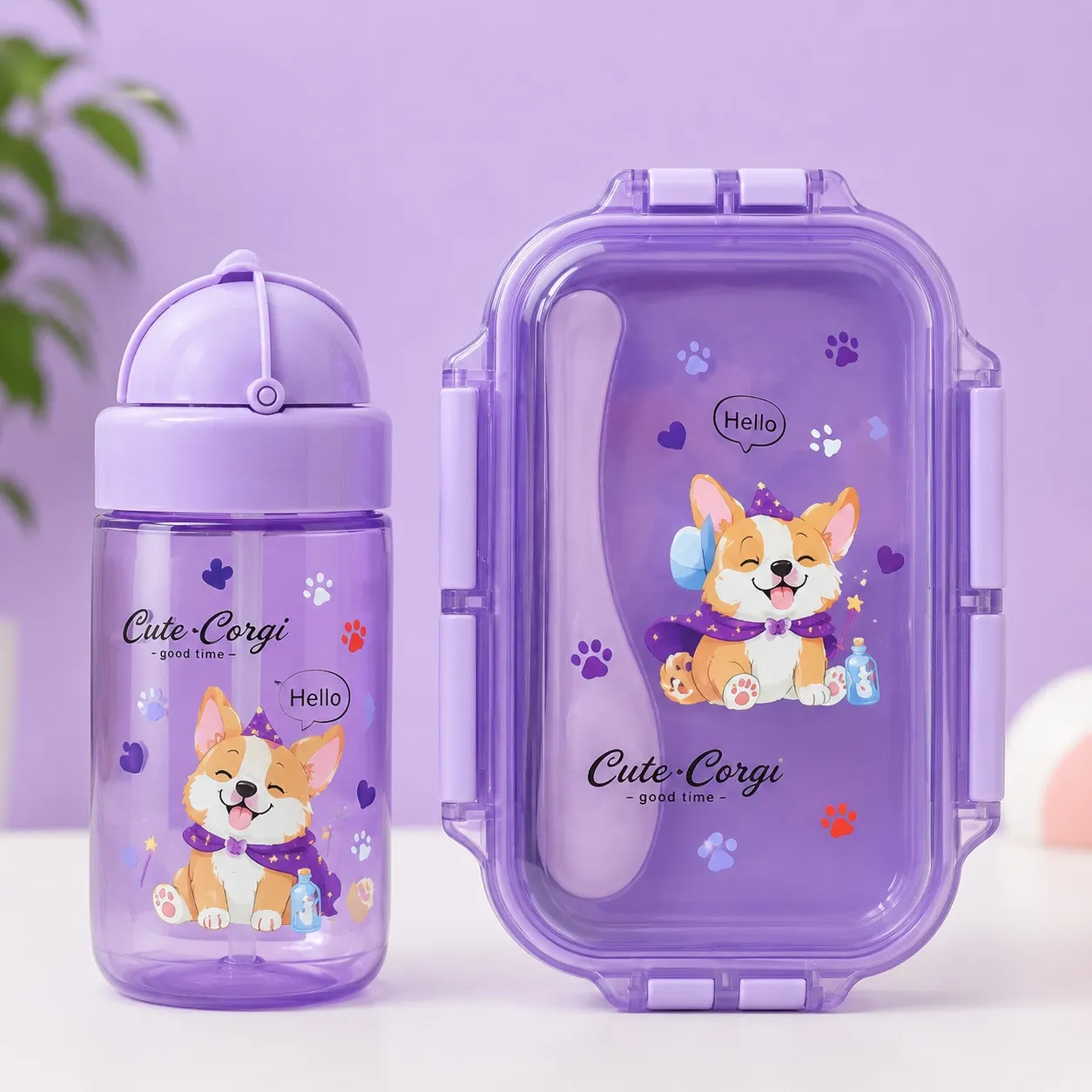 Purple Happy Kids Cartoon Lunch Box And Sipper Bottle Combo Set
