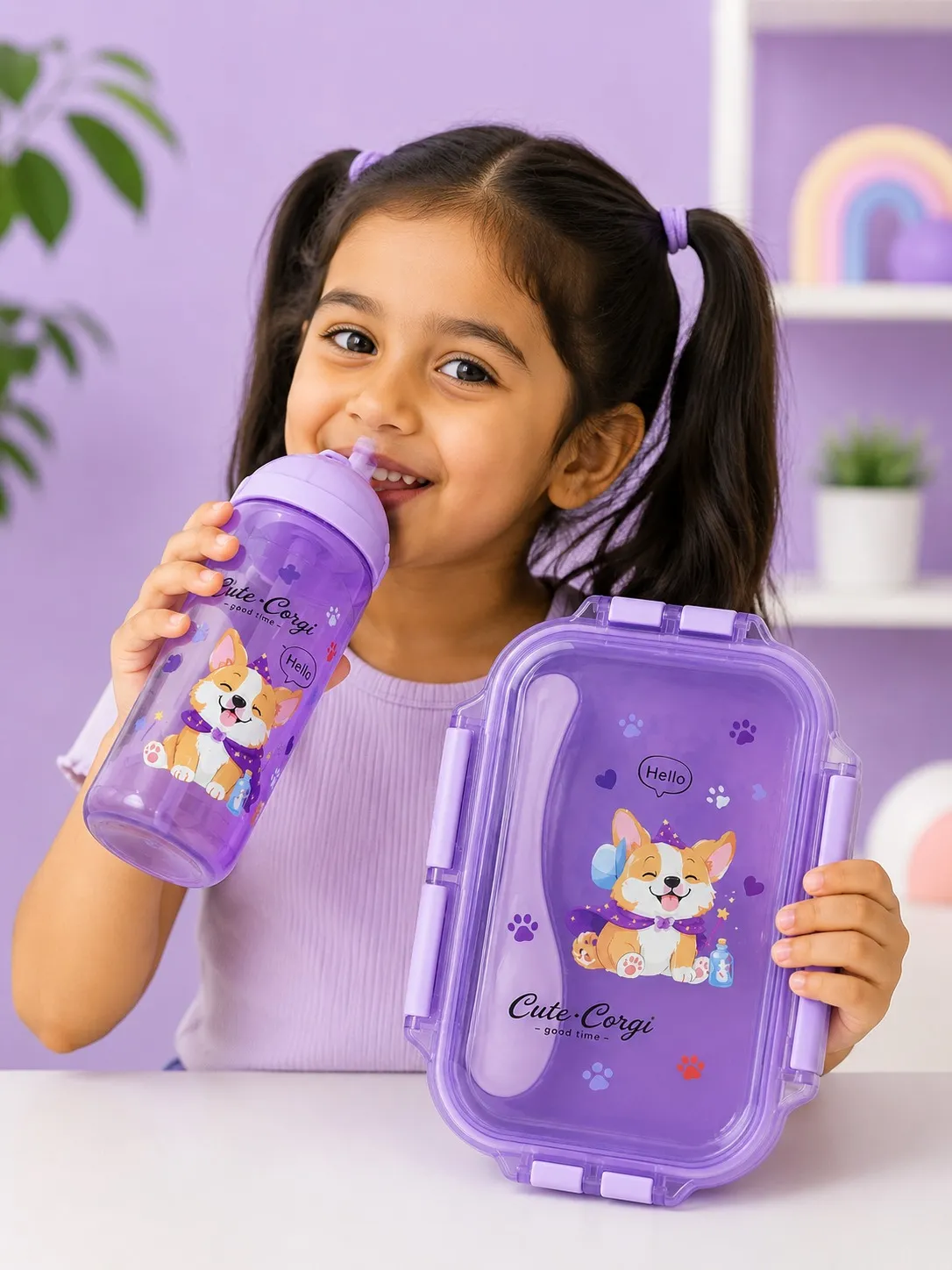 Purple Happy Kids Cartoon Lunch Box And Sipper Bottle Combo Set 