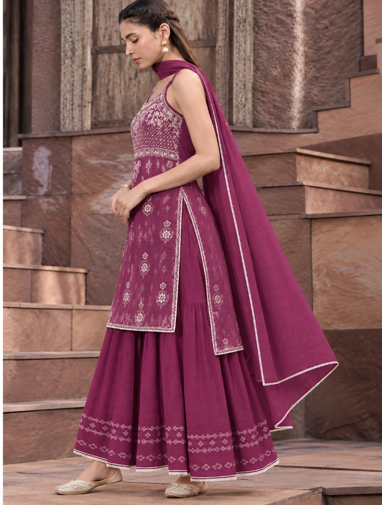 Purple Women Ethnic Embroidered Kurta with Sharara and Dupatta Set