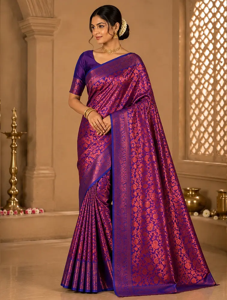Purple Womens Classic Banaras Soft Silk Sarees — bulk from ₹1818