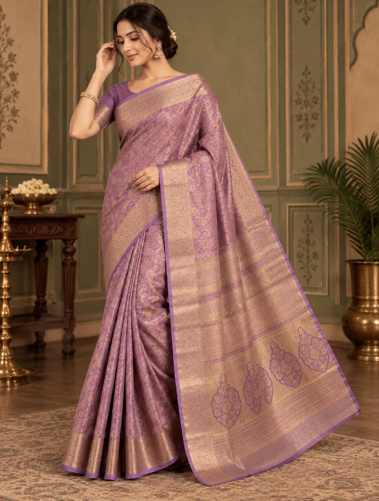 Purple Womens Elegant Tissue Brocade Saree with Rich Zari Border