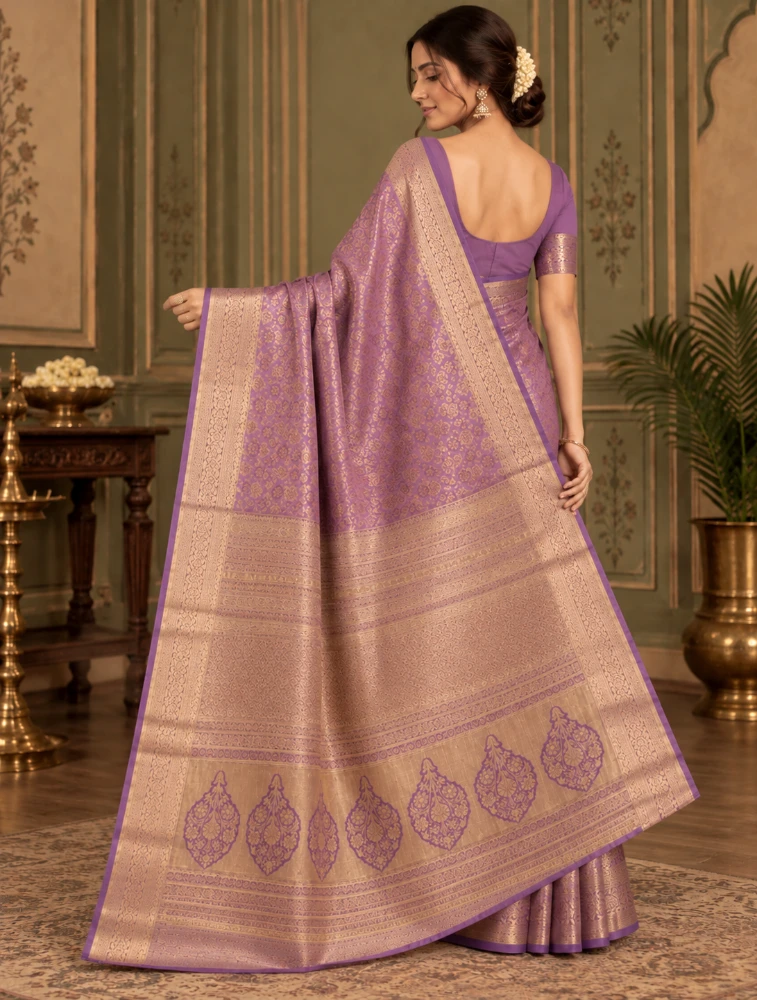  Purple Womens Elegant Tissue Brocade Saree with Rich Zari Border