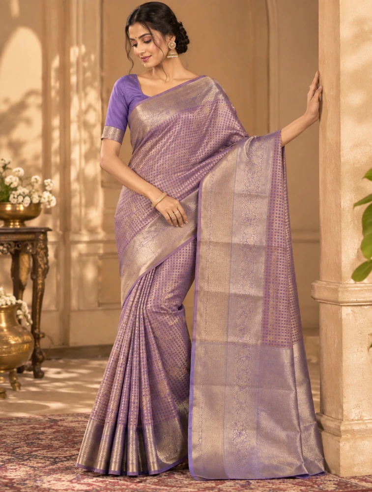 Purple Womens Elegant Tissue Brocade Saree with Rich Zari Border
