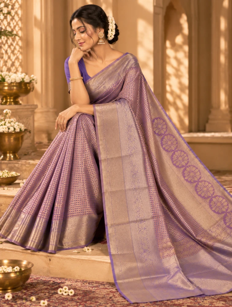 Purple Womens Elegant Tissue Brocade Saree with Rich Zari Border