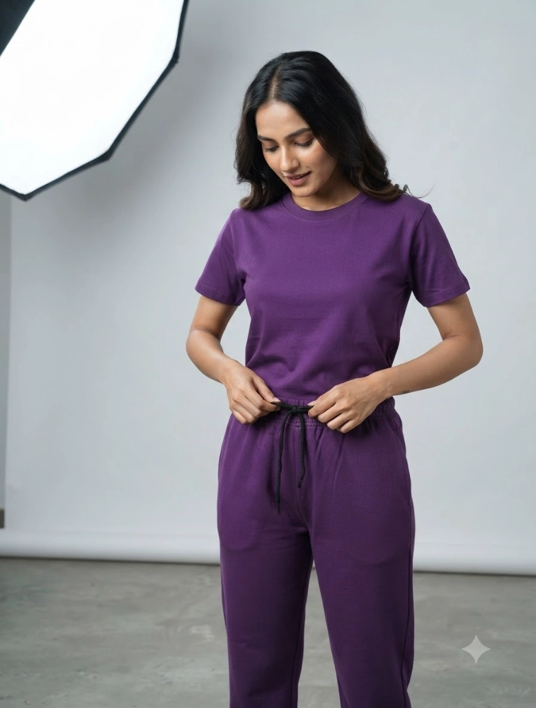 Purple Womens Micro Plain Casual CoOrd Set