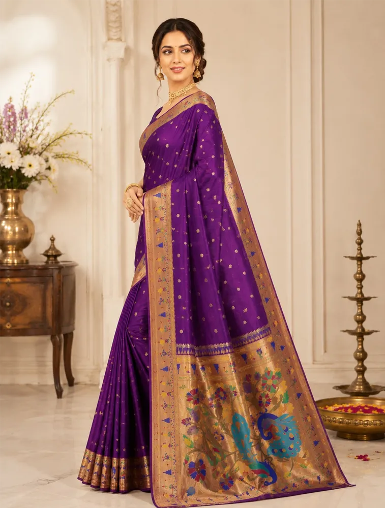 Purple Womens Premium Semi Paitani Sarees With Flower Border