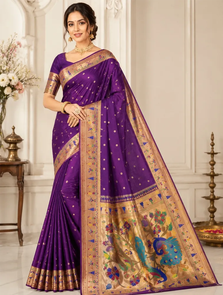 Purple Womens Premium Semi Paitani Sarees With Flower Border