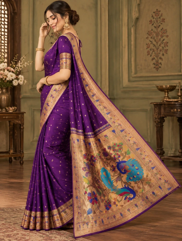 Purple Womens Premium Semi Paitani Sarees With Flower Border