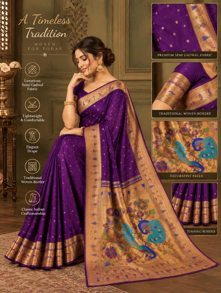 Purple Womens Premium Semi Paitani Sarees With Flower Border