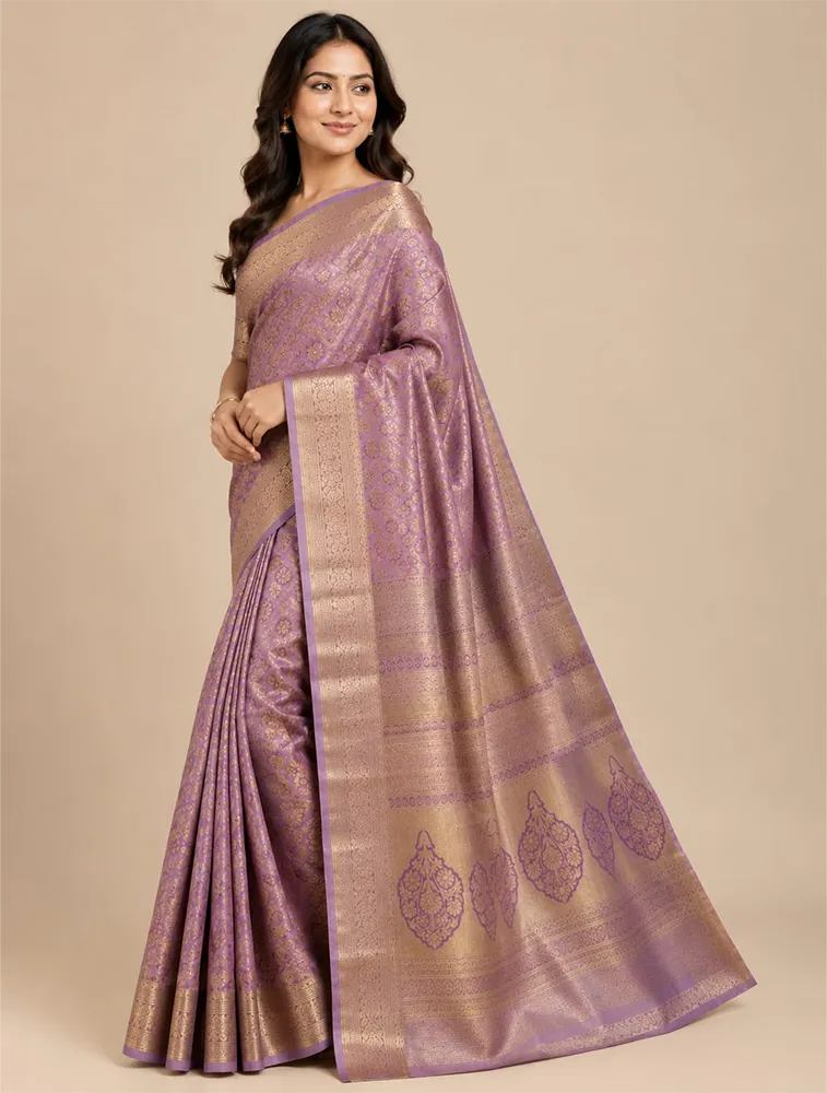 Purple Womens Premium Tissue Brocade 3 Card Saree