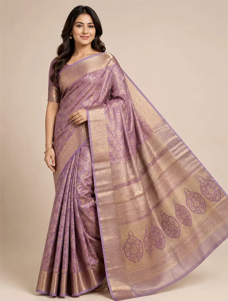 Purple Womens Premium Tissue Brocade 3 Card Saree