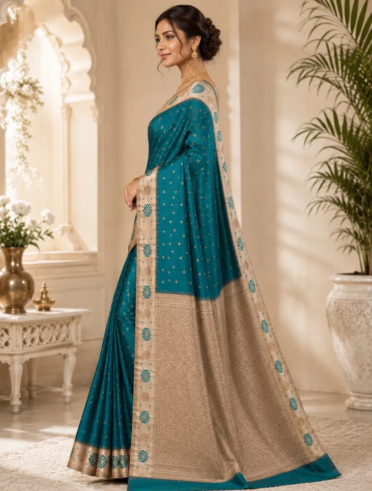 Rama Green Womens Premium Semi Gadwal Saree with Turning border