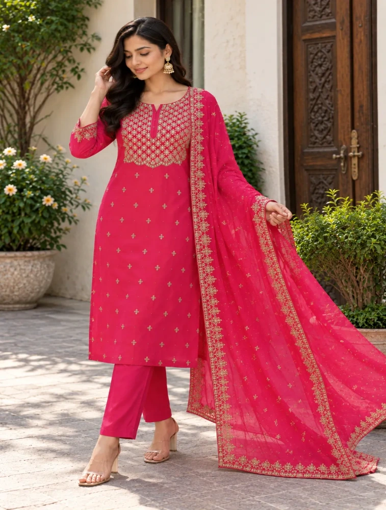 Rani Pink Embroidered Kurta Set with Dupatta