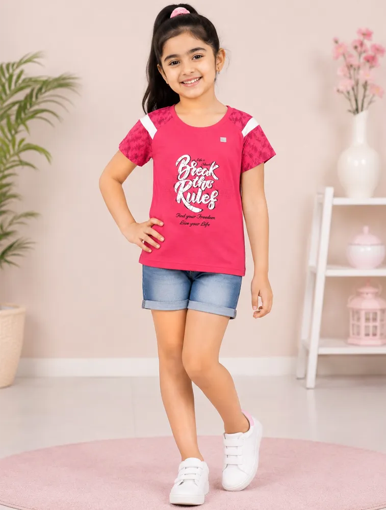 Rani Pink Girls Premium Printed Half Sleeves T Shirt