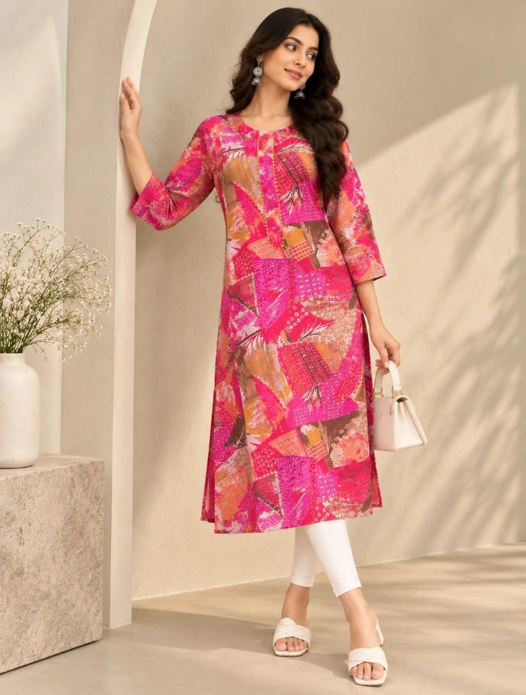 Rani Pink Womens Graceful Ethnic Embroidered Kurta