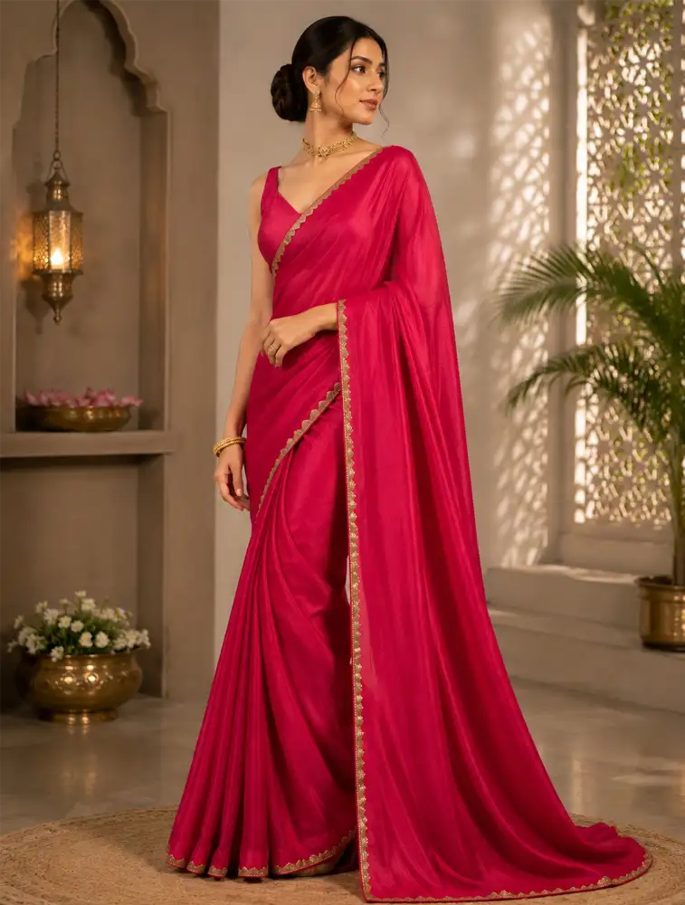 Rani Pink Womens Plain Designer Saree Collection