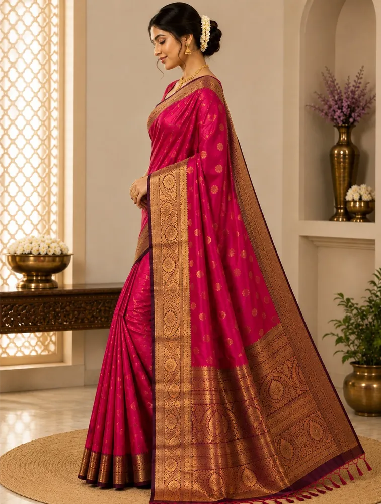 Rani Pink Womens Premium Semi Gadwal Saree — bulk from ₹3919