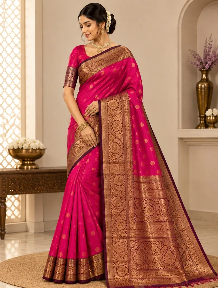 Rani Pink Womens Premium Semi Gadwal Saree