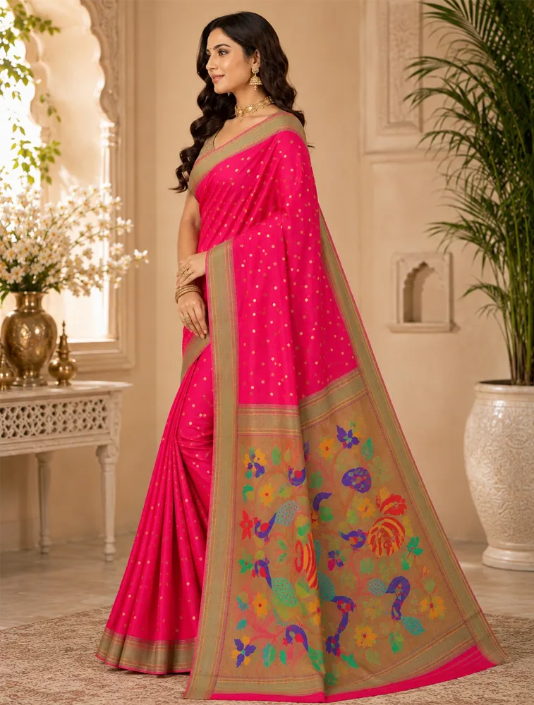 Rani Pink Womens Premium Semi Paitani sarees With Munia Border