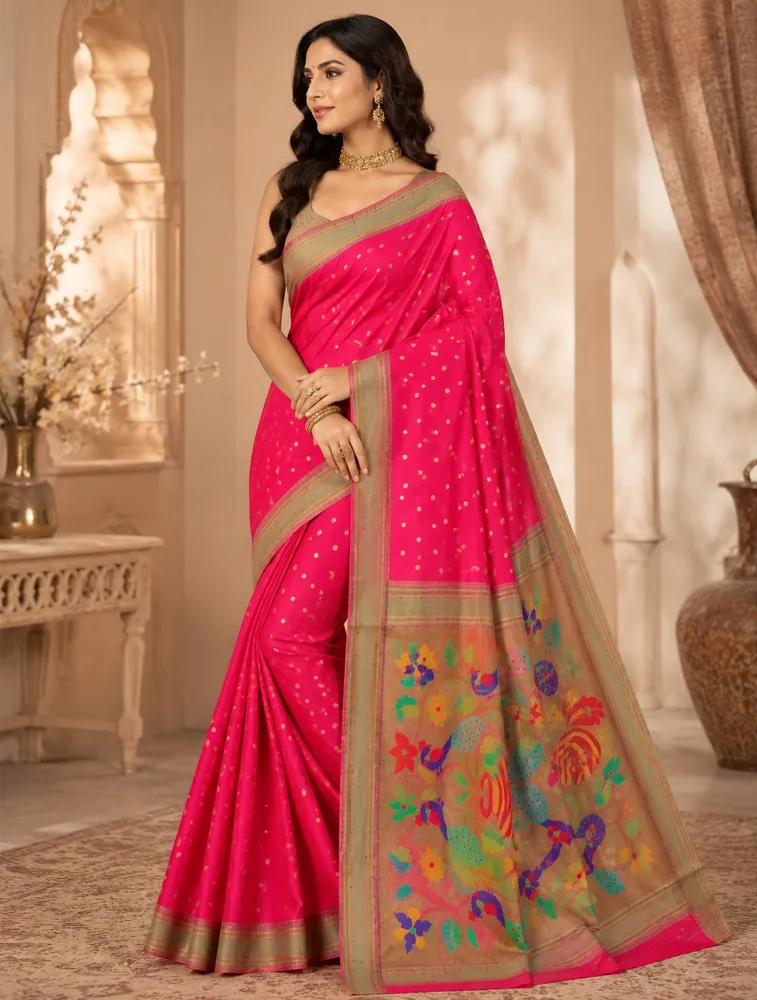  Rani Pink Womens Premium Semi Paitani sarees With Munia Border