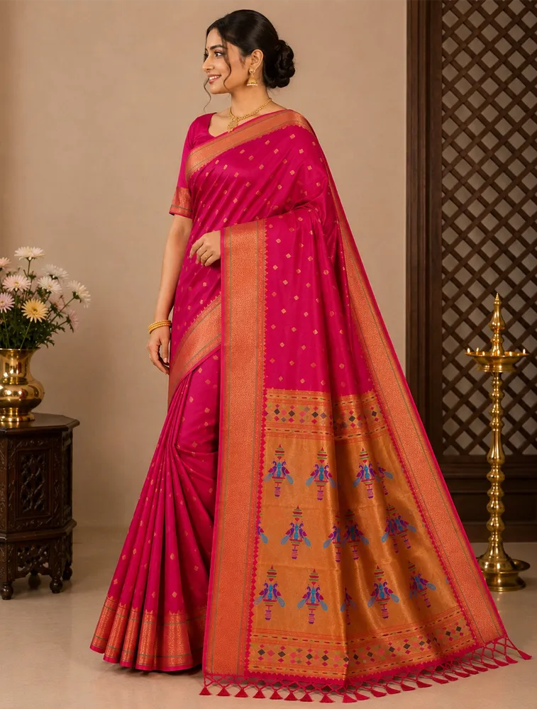 Rani Pink Womens Premium Semi Paithani Saree