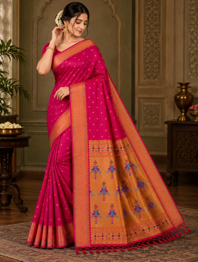 Rani Pink Womens Royal Semi Paithani Saree with Elegant Zari Detailing