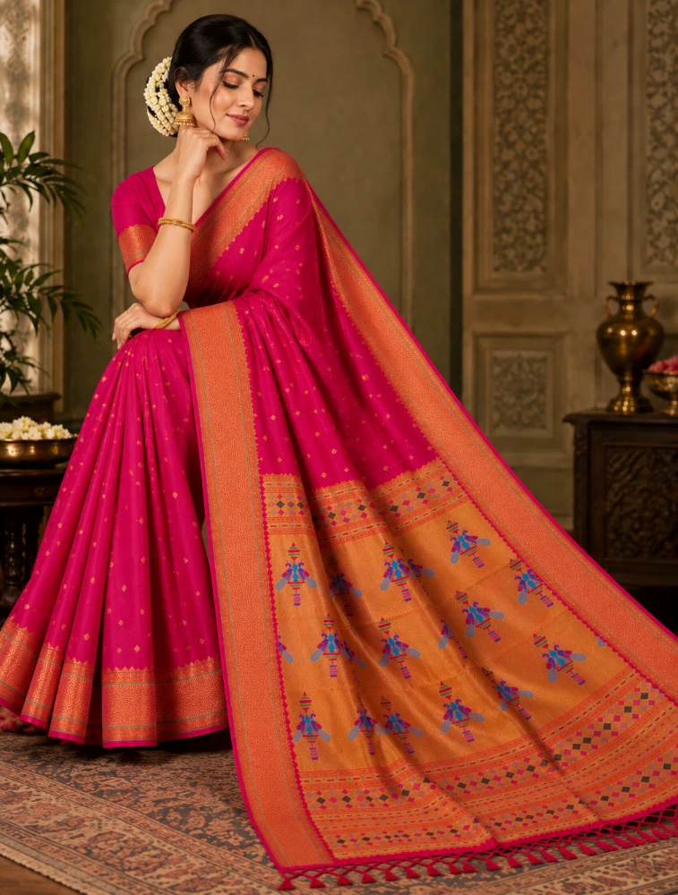 Rani Pink Womens Royal Semi Paithani Saree with Elegant Zari Detailing