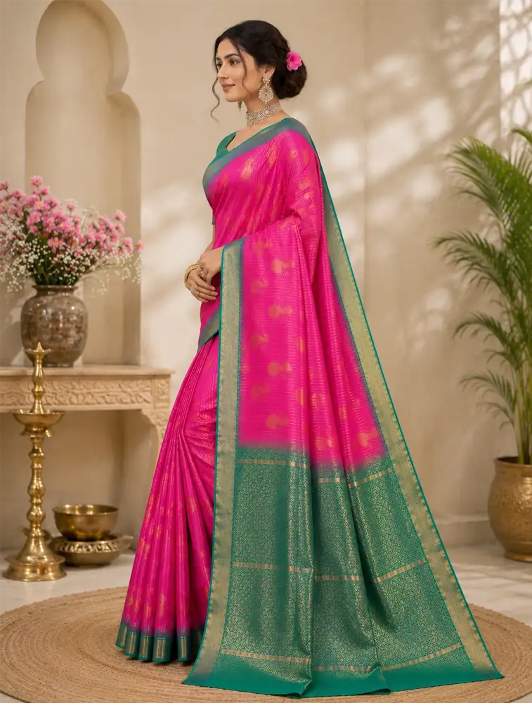Rani Pink Womens Rust Printed Linen Saree Collection