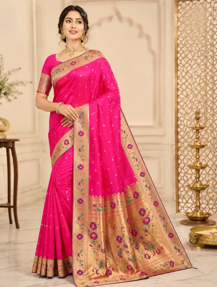 Raspberry Pink Womens Premium Semi Paitani Sarees With Peacock Border