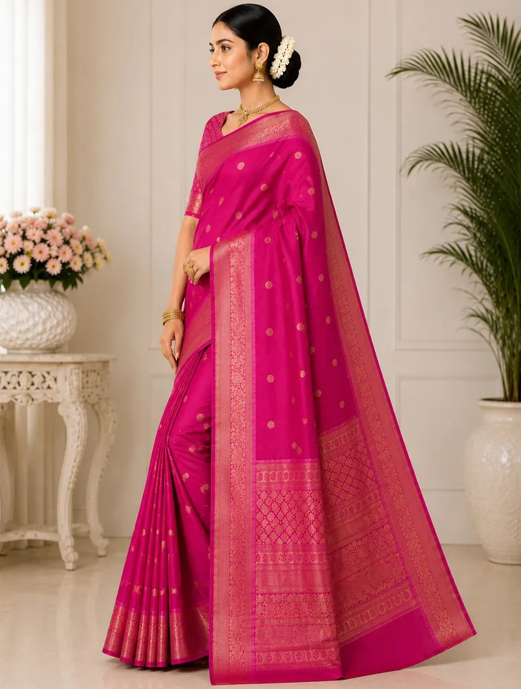 Raspberry Pink Womens Premium Semi Gadwal Saree
