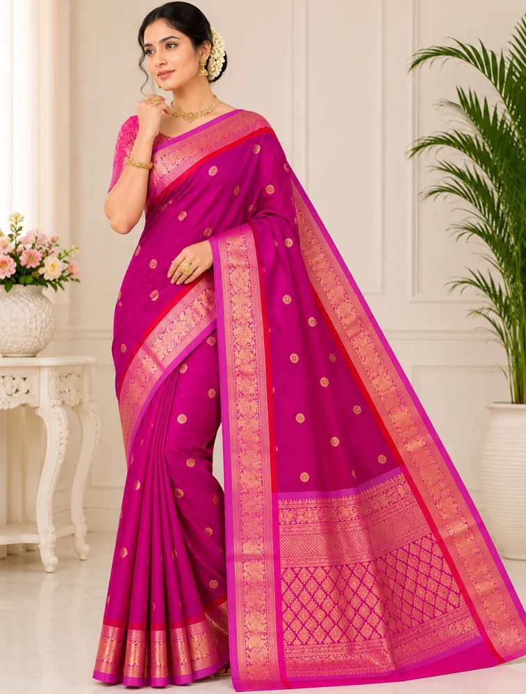 Raspberry Pink Womens Premium Semi Gadwal Saree