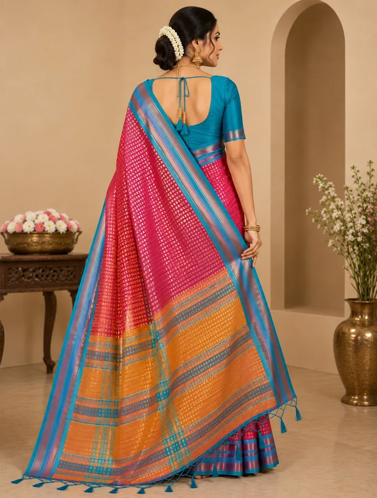 Raspberry Pink Womens Premiun Pure linen sarees — bulk from ₹1490
