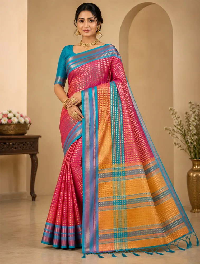 Raspberry Pink Womens Premiun Pure linen sarees
