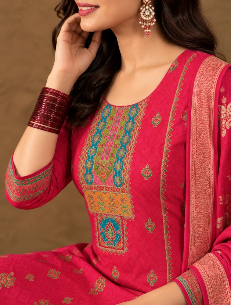 Red  Ethnic  Motifs Yoke Design Straight Embroidered Kurta with Pant and Duppatta Set