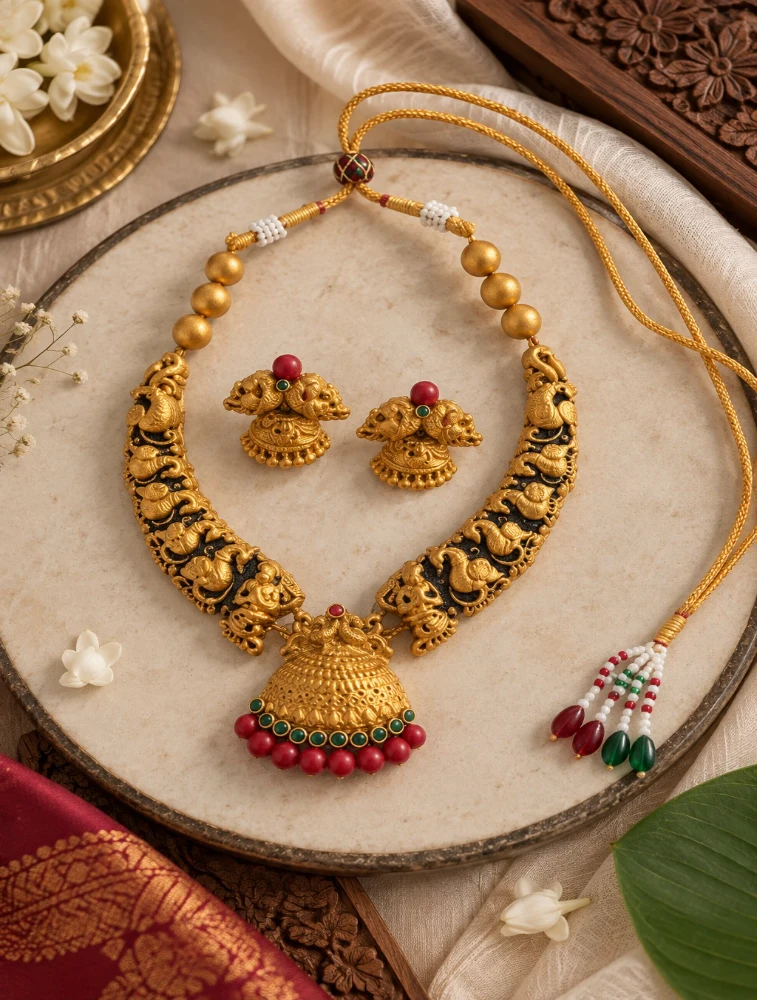 Red  Rajhamsa Terracotta Jewellery Set    