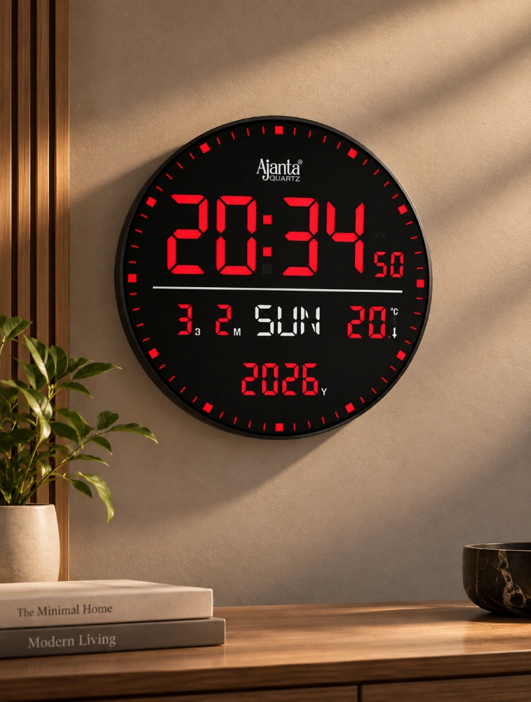 Red Ajanta DigiOrbit Round Digital Calendar Wall Clock DC 247