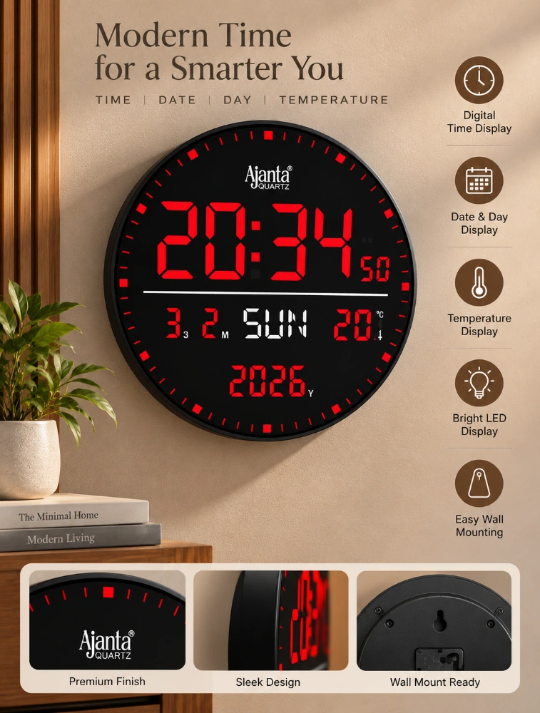 Red Ajanta DigiOrbit Round Digital Calendar Wall Clock  DC 247 