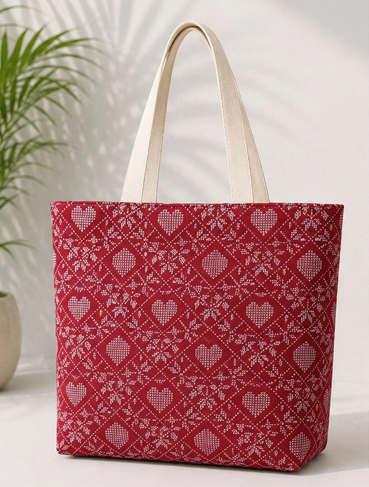 Red And White Printed Canvas Tote Bag