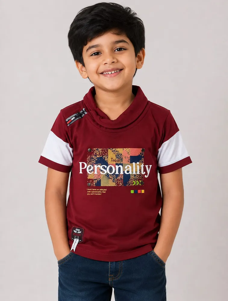 Red Boys HI Neck Taqua Kids Printed Casual TShirt