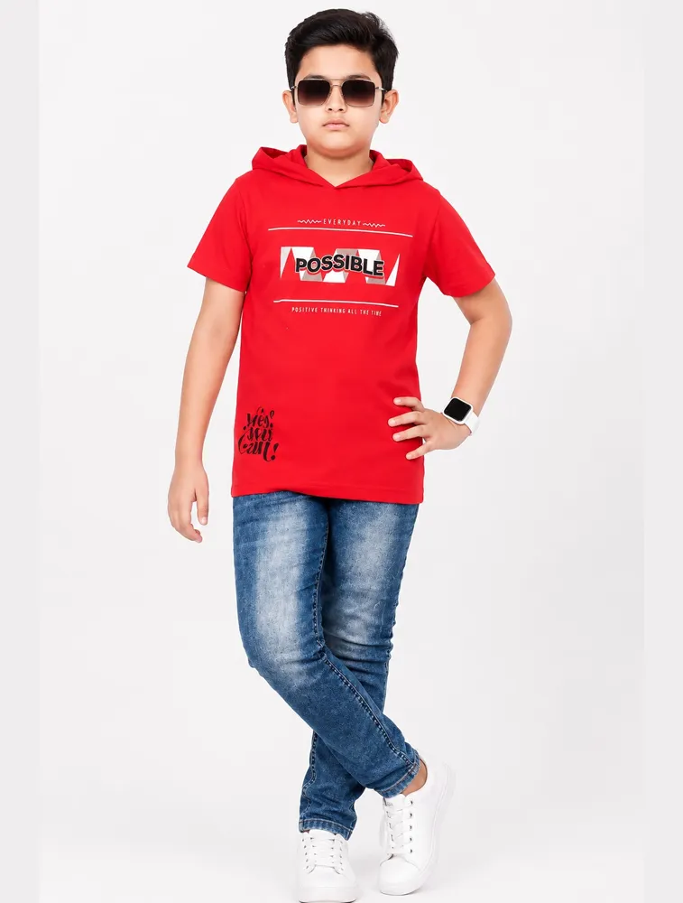 Red Boys Premium Printed Half Sleeve Cooper Hood  T Shirt