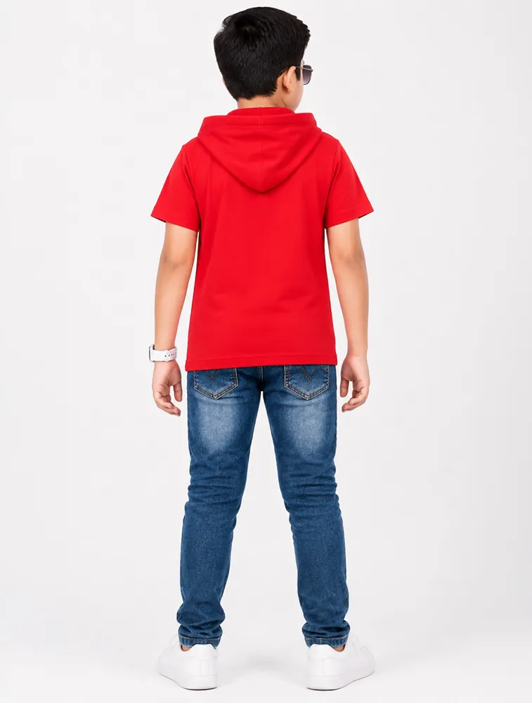 Red Boys Premium Printed Half Sleeve Cooper Hood  T Shirt