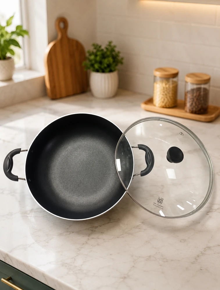 Red Chef Kitchen Premium Non Stick Jumbo Kadai With Glass Lid
