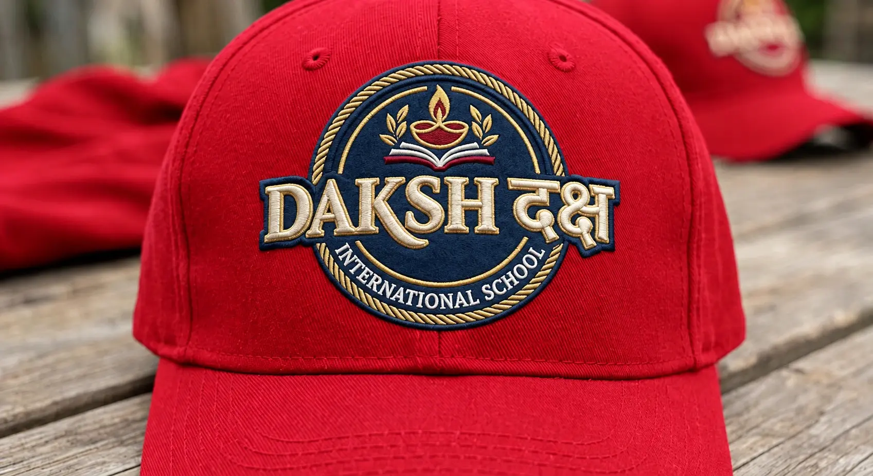 Red Cotton Drill 5 Panel Cap with Ventilation Hole Visor Stitching and Velcro