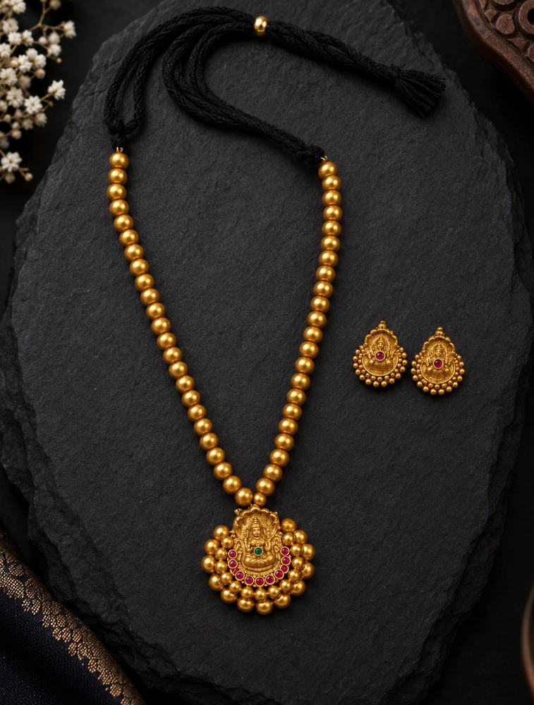 Red Divine Temple Style Pendant and Sanatana Gold Beads Terracotta Jewellery Set