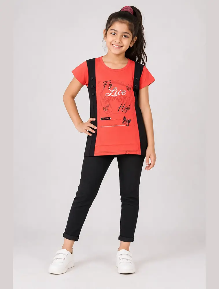 Red Girls Casual Graphic T Shirt with Contrast Side Panels 