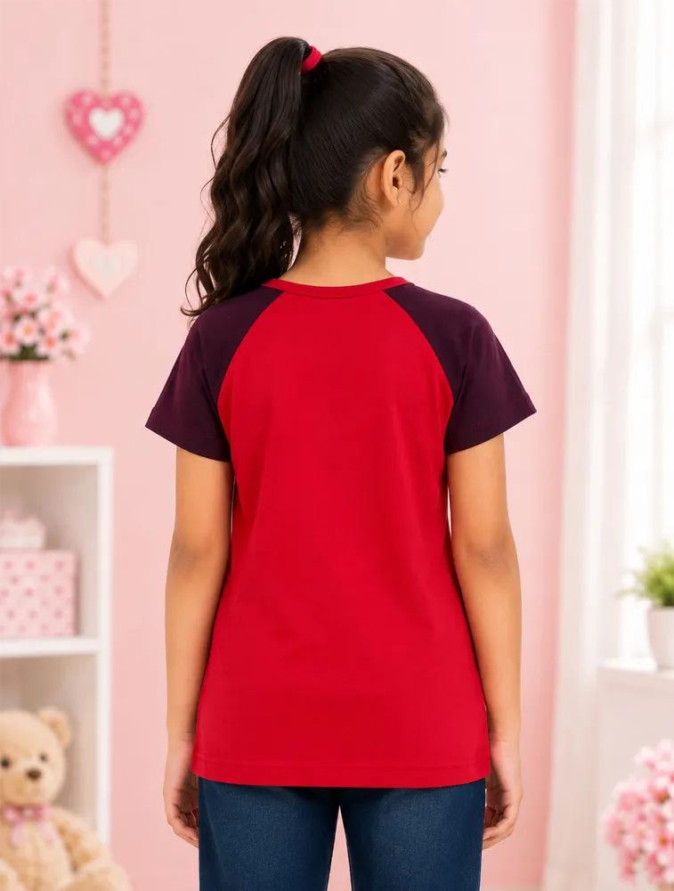 Red Girls Graphic Printed Cotton Short  Sleeve T Shirt