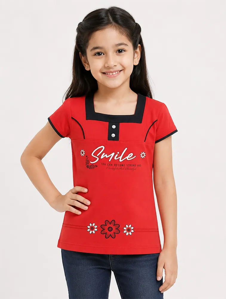 Red Girls Premium Printed Half Sleeve T Shirt