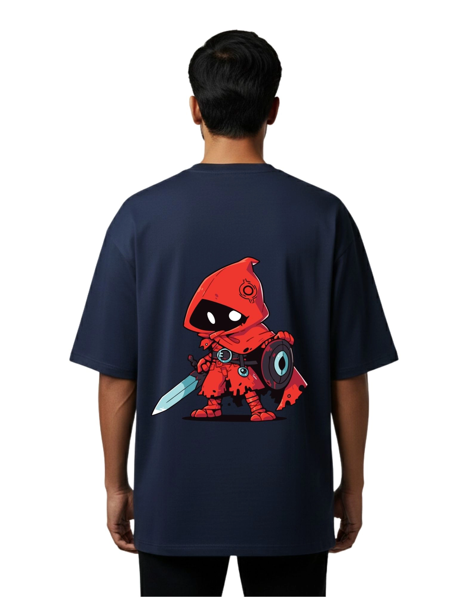 Red Hood Warrior Graphic Oversized French Terry 240 GSM T-Shirt Navy Blue