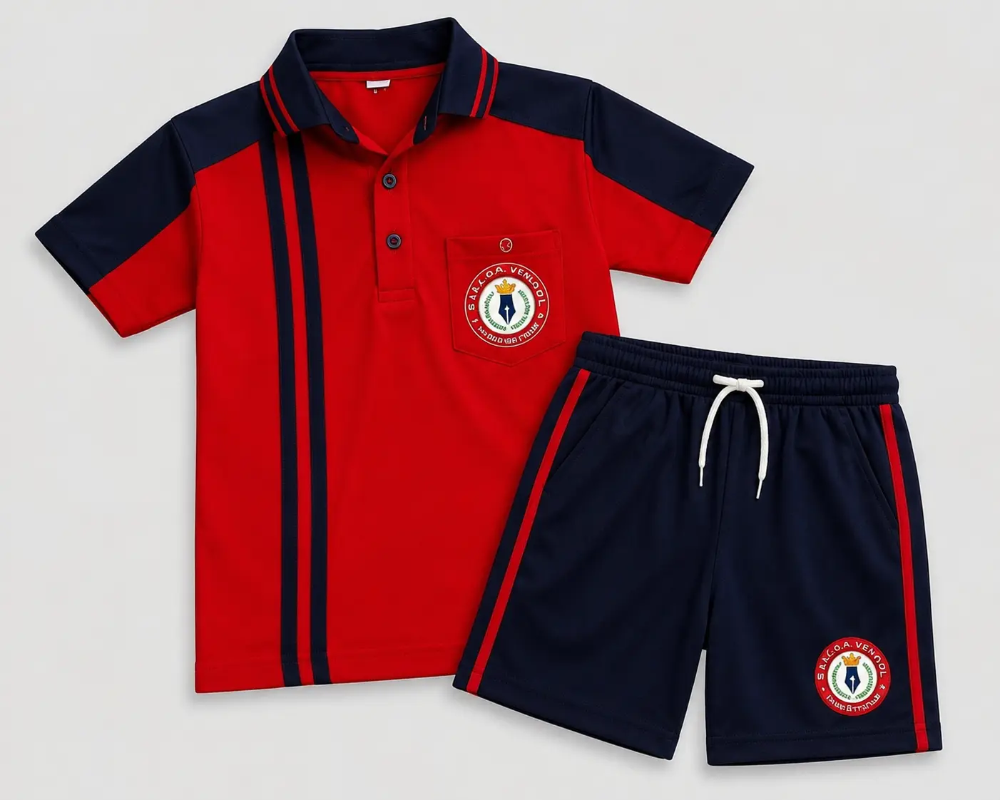 Red PC Pocket Polo with Dual Tipping and Cut & Sew T-Shirt with Navy Blue PC 240 GSM Terry Shorts with Pipping