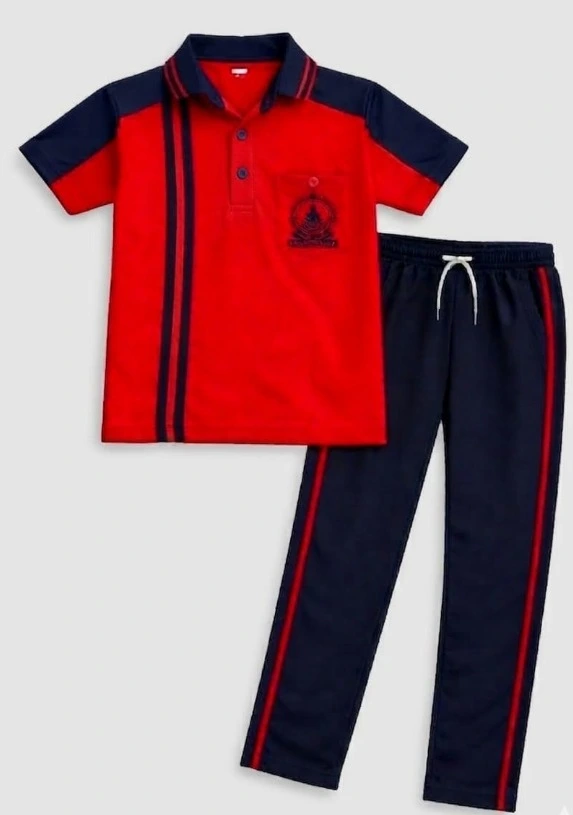 Red PC Pocket Polo with Dual Tipping and Cut & Sew T-Shirt and Navy Blue PC 240 GSM Terry Pants with Pipping